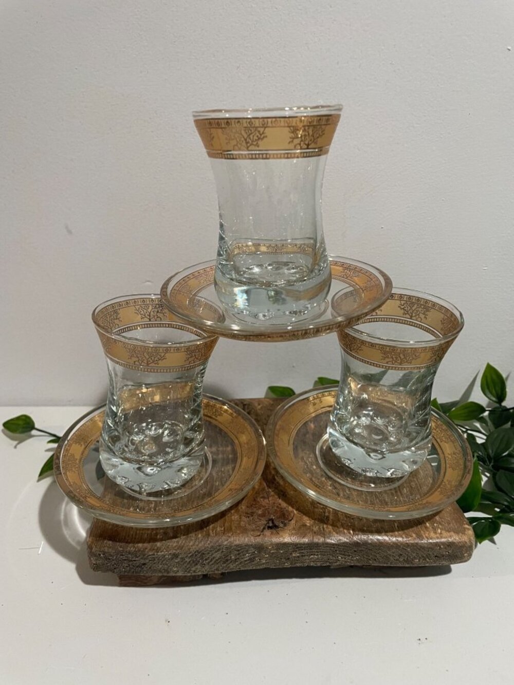 Turkish Tea Glasses With Gold Trim & Matching Saucers - Elegant Design Set Of 3